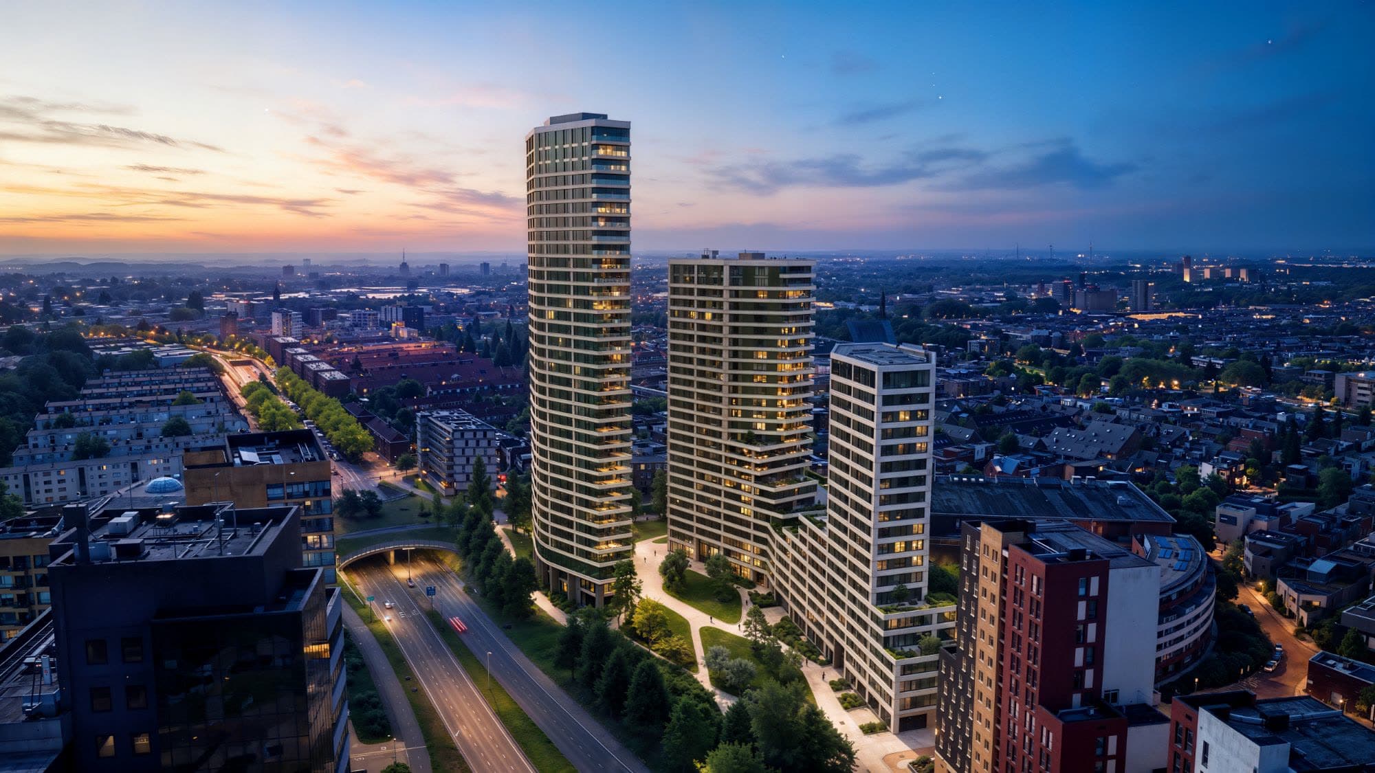 Artist impression van LEAD Leiden in de schemering, vanuit het zuidoosten