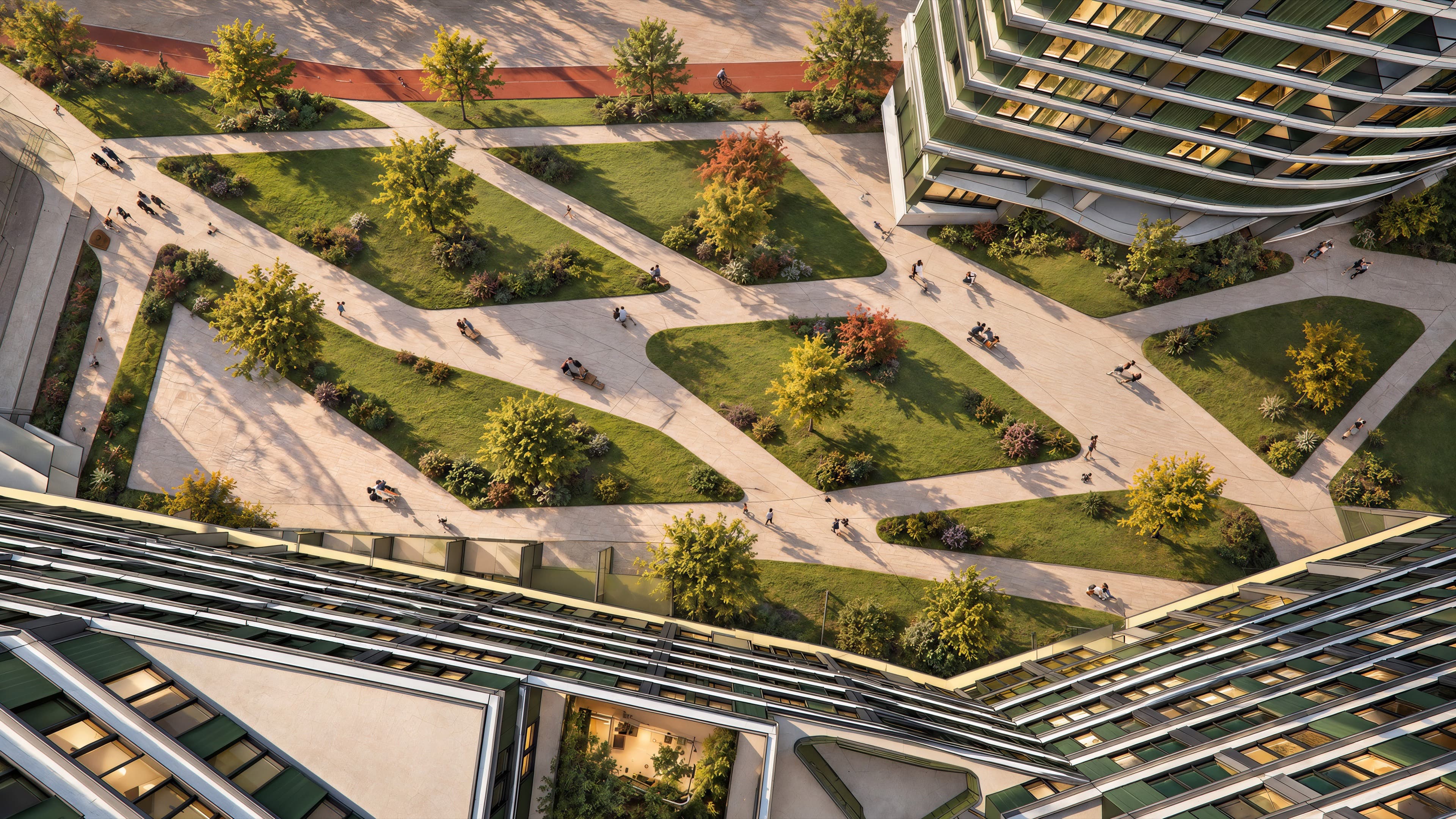 Artist impression van het stadspark tussen de torens van bovenaf: paden, borders met bomen en mensen die wandelen en fietsen