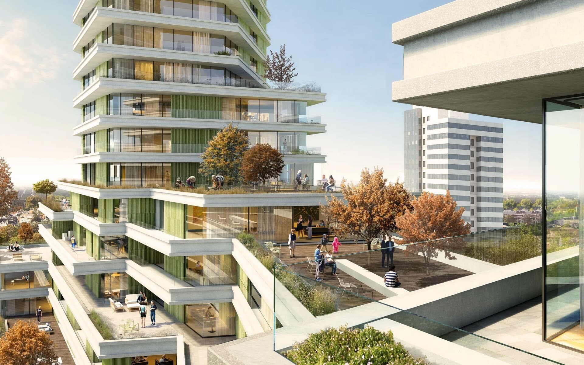 Artist impression van de getrapte, terrasvormige onderbouw van LEAD: een gedeeld dakterras met herfstbomen waar bewoners en kinderen samenkomen, met balkons die eronder trapsgewijs aflopen.