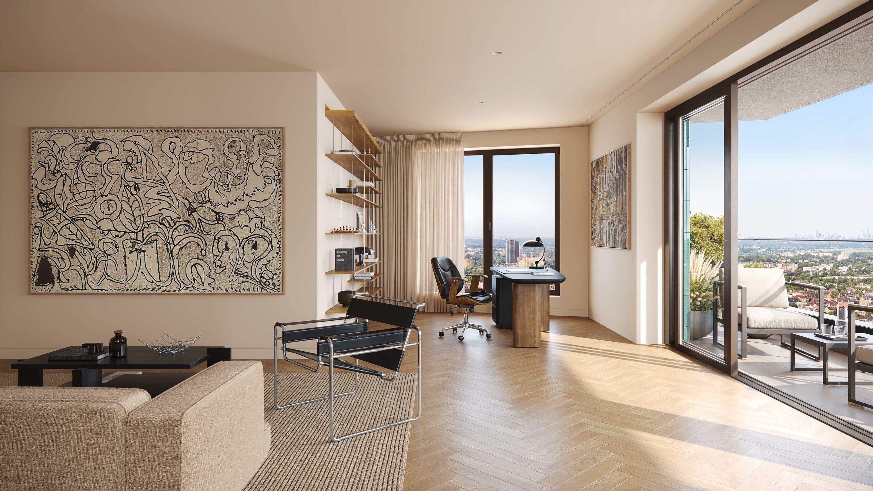 Artist impression van een lichte woonkamer met een eikenhouten visgraatvloer en een bureau bij het raam, met schuifpuien naar een balkon met uitzicht over de stad.