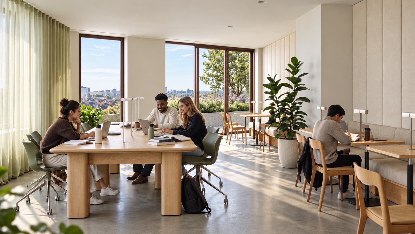Artist impression van de gedeelde werkplekken: bewoners aan het werk aan een lange eikenhouten tafel en aan bureaus langs een gestoffeerde bank, met planten en hoge ramen naar een daktuin en de stad.