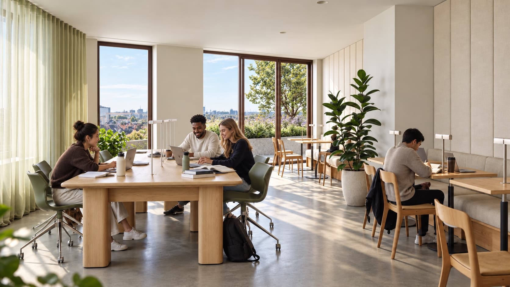 Artist impression van de gedeelde werkplekken: bewoners aan het werk aan een lange eikenhouten tafel en aan bureaus langs een gestoffeerde bank, met planten en hoge ramen naar een daktuin en de stad.
