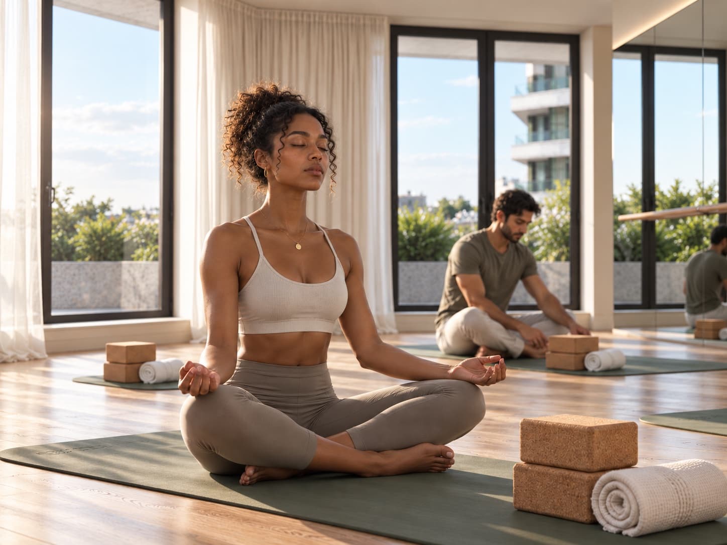 Artist impression van bewoners die yoga doen in een zonnige studio: een vrouw in kleermakerszit op een groene mat met kurken blokken en een opgerolde handdoek, een man achter haar, en hoge ramen naar een begroeid terras.