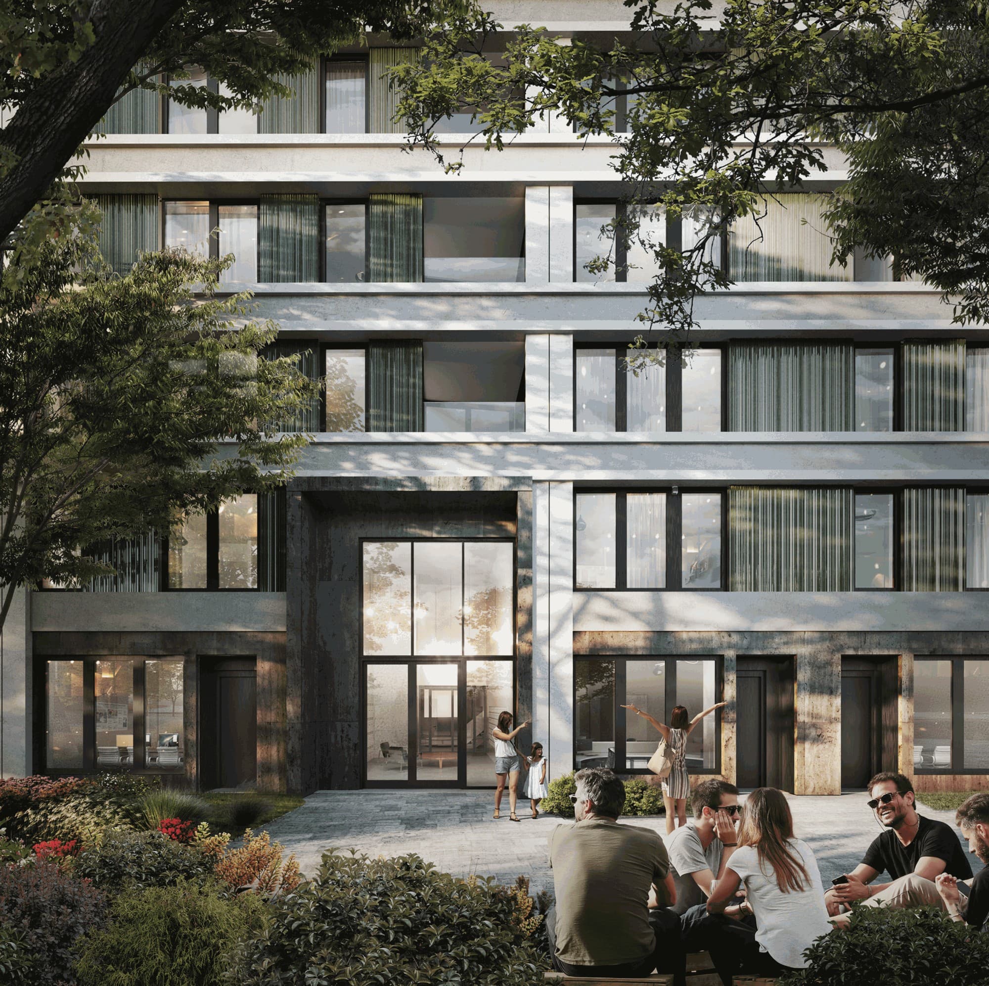 Artist impression van de entree van LEAD vanuit de tuin onder de bomen: hoge glazen pui in een donkere stenen omlijsting tussen lichte horizontale banden, een moeder en kind bij de deur en een groep mensen die tussen het groen zitten.