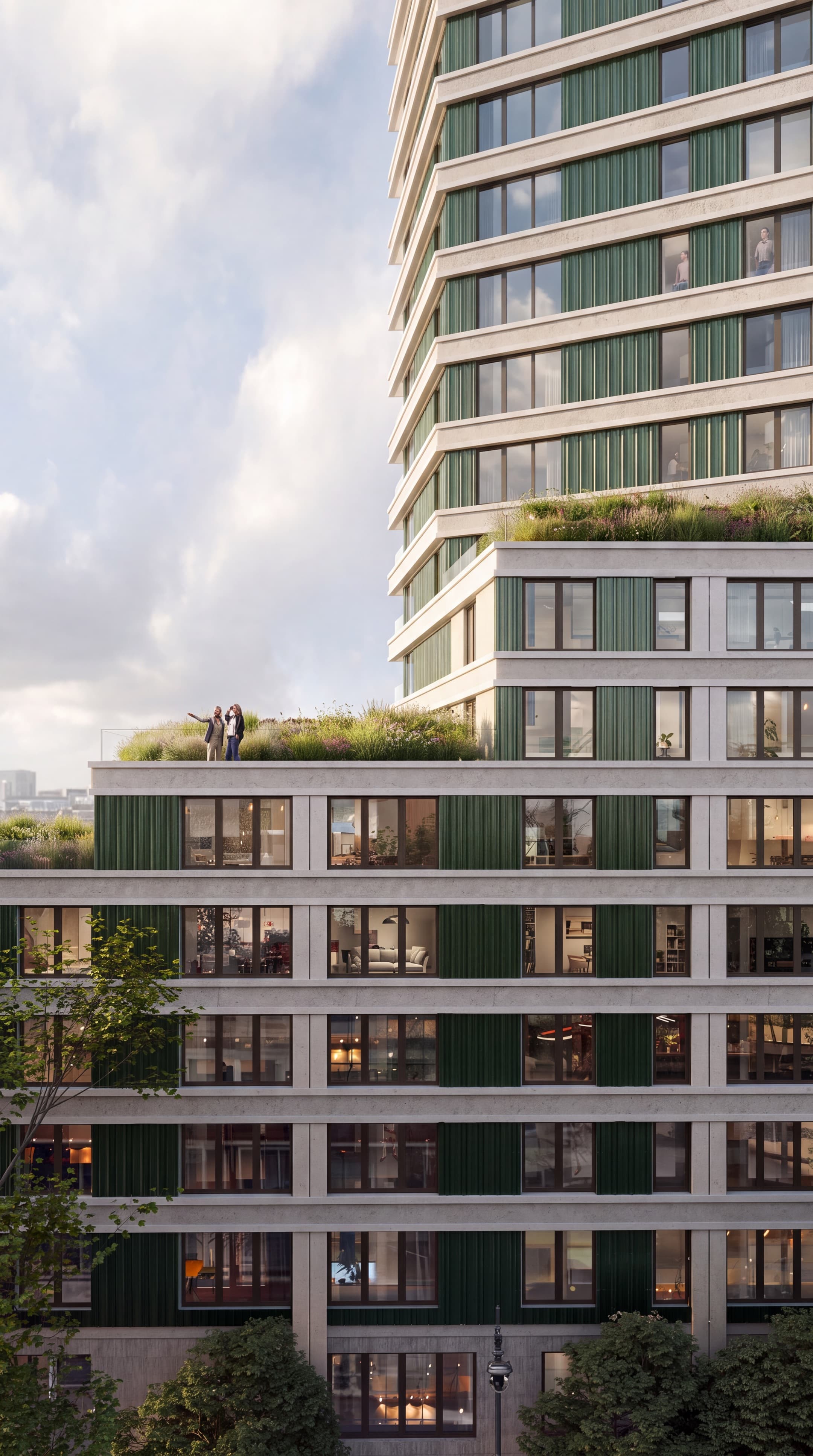 Artist impression van een toren van LEAD die boven een lager bouwdeel uitrijst: lichte horizontale banden met groene lamellen tussen de ramen, twee mensen die uitkijken vanaf de begroeide daktuin van het lagere bouwdeel, en bomen langs de straat.