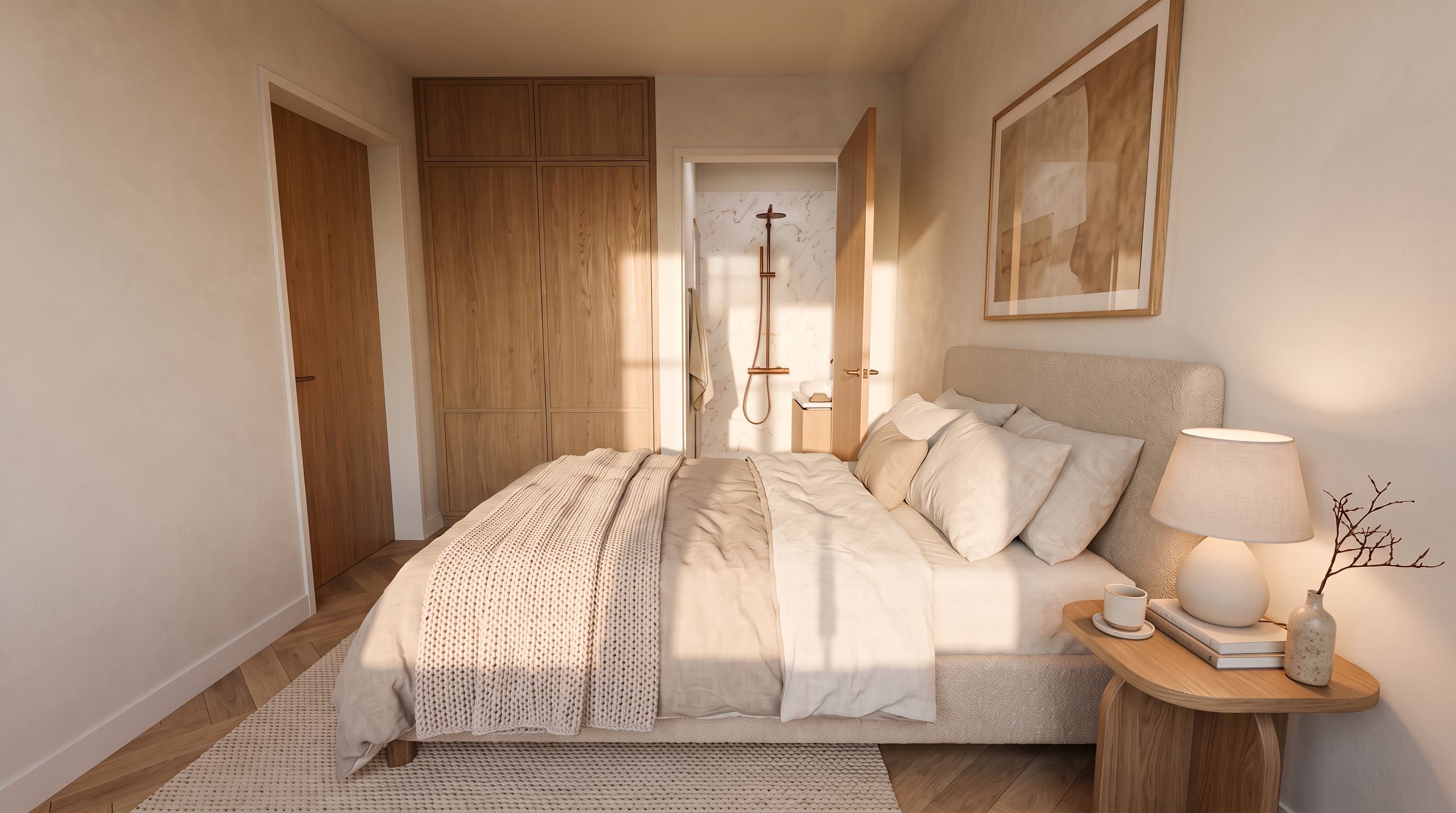 Artist impression van een slaapkamer in zacht zonlicht: een bed met een gestoffeerd hoofdeind, linnen beddengoed en een gebreide plaid, een houten nachtkastje met een lamp, een eikenhouten kledingkast en een open deur naar een marmeren douche.