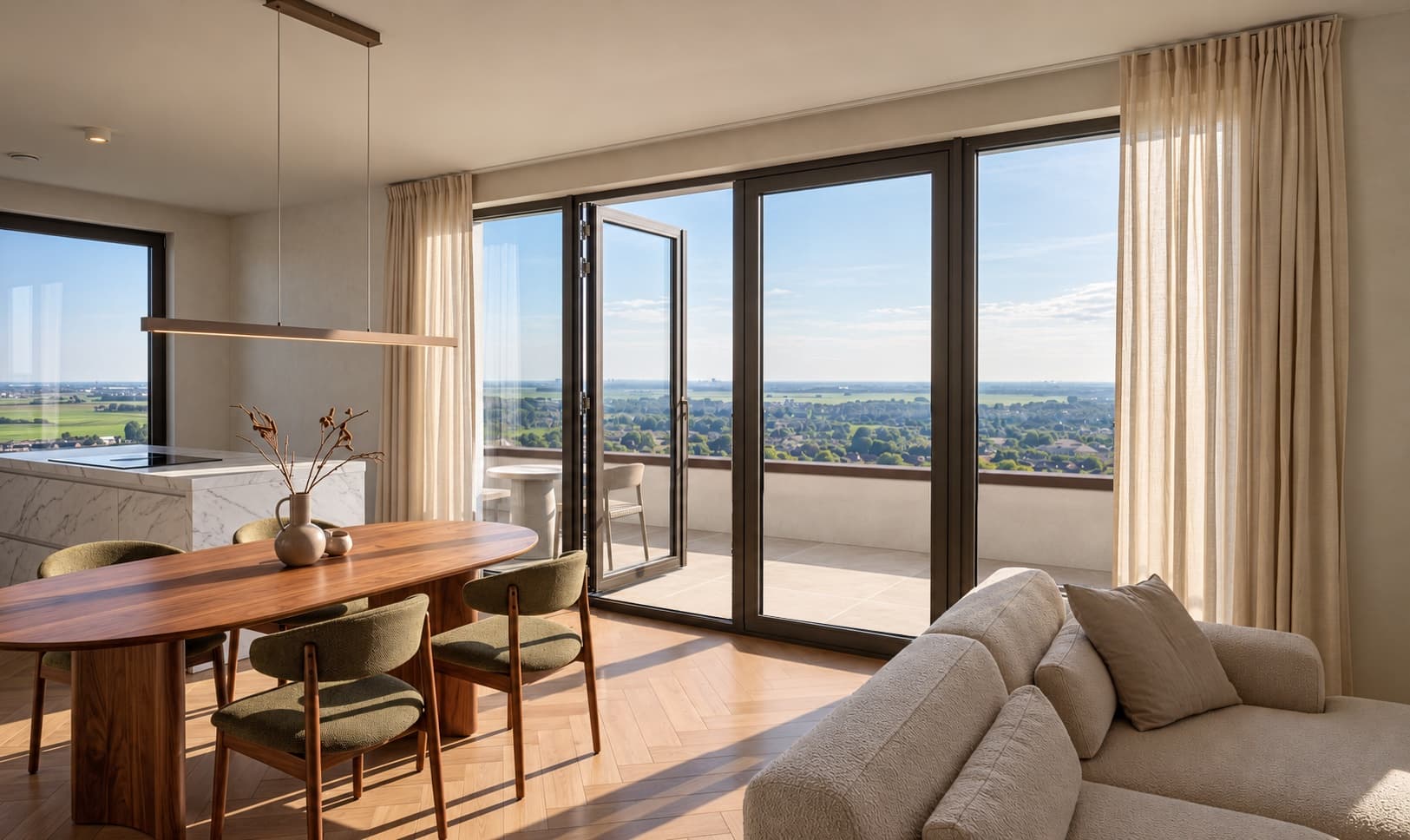 Artist impression van een woonkamer in de middagzon: een notenhouten eettafel met groene stoelen, een crèmekleurige bank en hoge glazen deuren open naar een balkon met uitzicht over het groen en de stad.