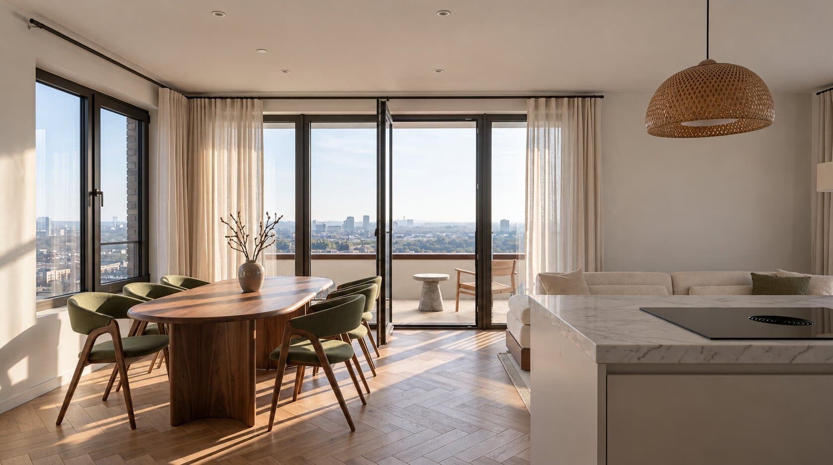 Artist impression van een eetkamer op de hoek in laag zonlicht: een ovale notenhouten tafel met groene stoelen, ramen aan twee kanten en open glazen deuren naar een balkon met uitzicht over de stad, een crèmekleurige bank en een marmeren kookeiland onder een gevlochten hanglamp.