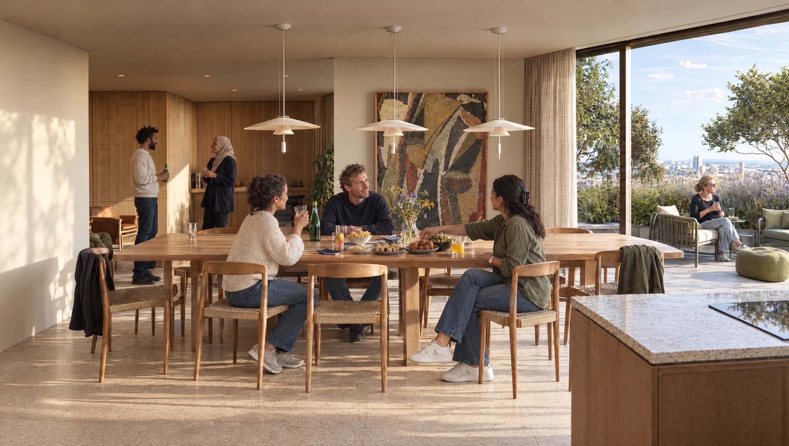 Artist impression van vrienden rond een lange houten tafel onder drie witte hanglampen, met een groot abstract schilderij aan de wand, twee mensen in gesprek bij de eikenhouten wand erachter en een glazen pui open naar een begroeid terras met uitzicht over de stad.