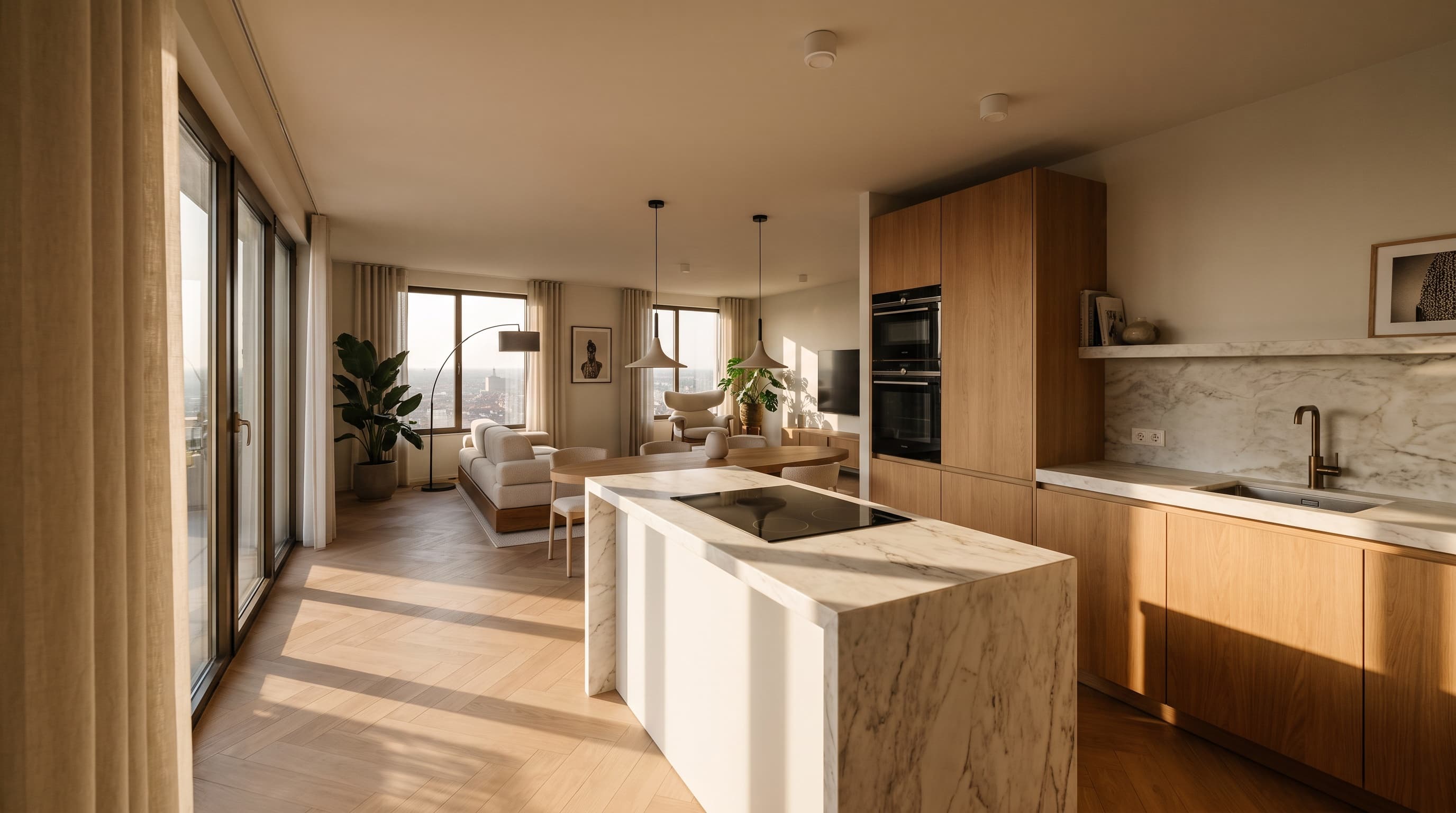 Artist impression van een open keuken met eikenhouten kasten en een marmeren kookeiland, met doorkijk naar een eettafel, een crèmekleurige bank en ramen over de stad, met linnen gordijnen en glazen deuren naar een balkon aan de linkerkant.