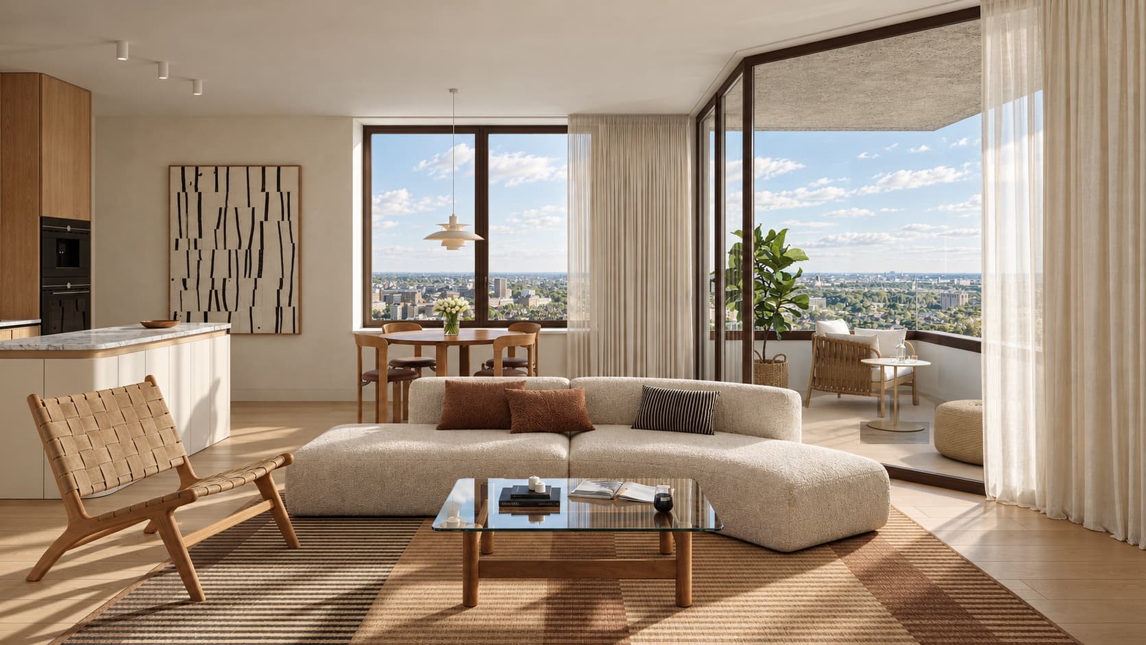 Artist impression van een woonkamer op de hoek met ramen van vloer tot plafond aan twee kanten en uitzicht over de stad onder een zomerse lucht: een gebogen crèmekleurige bank, een gevlochten fauteuil, een ronde eettafel bij het raam en een open keuken met een marmeren kookeiland, met een overdekt balkon op de hoek.