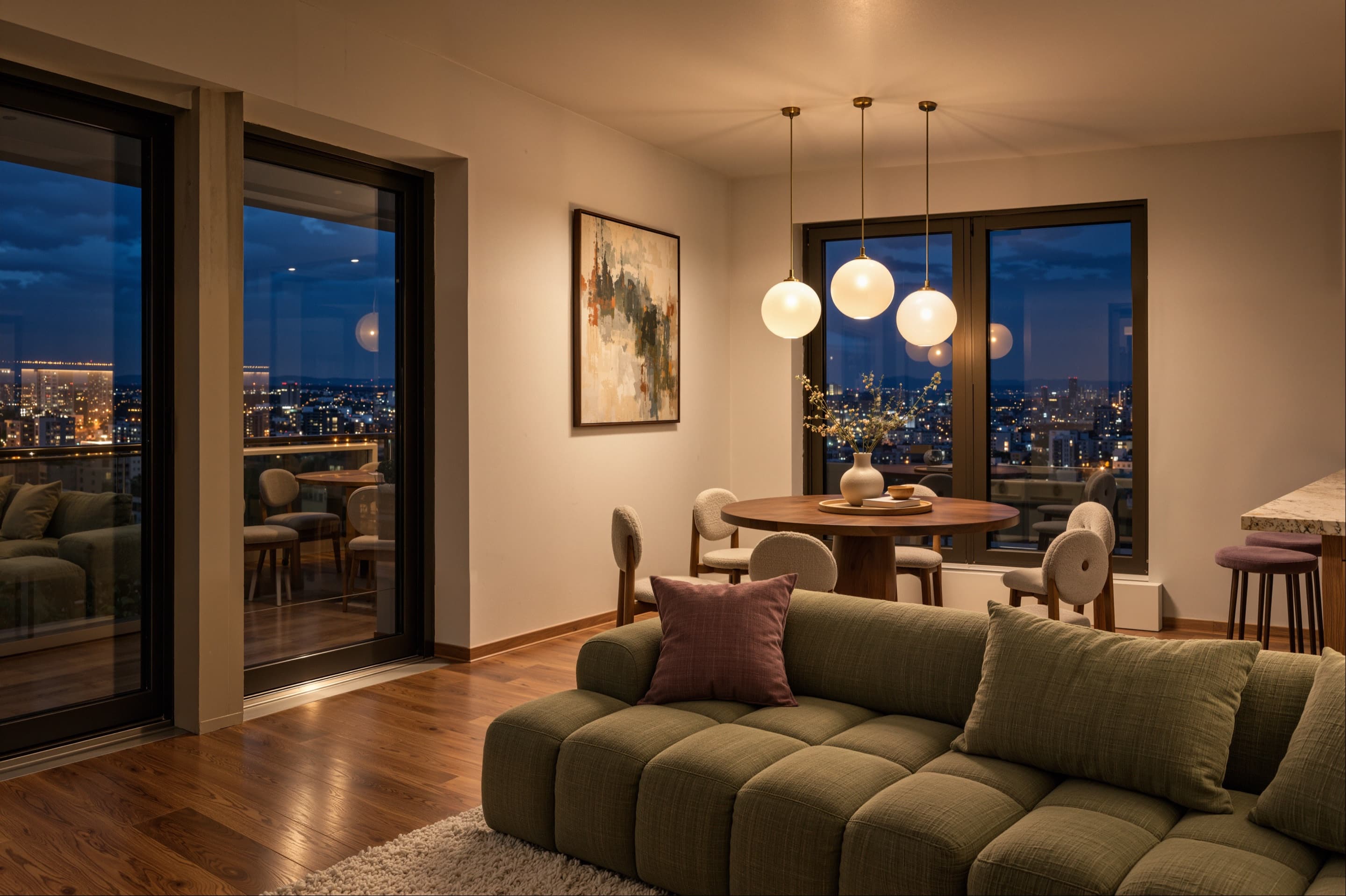 Artist impression van een woonkamer in de avond: een groene bank, een ronde eettafel onder drie bolle hanglampen en hoge glazen deuren naar een balkon, met daarachter de lichtjes van de stad.