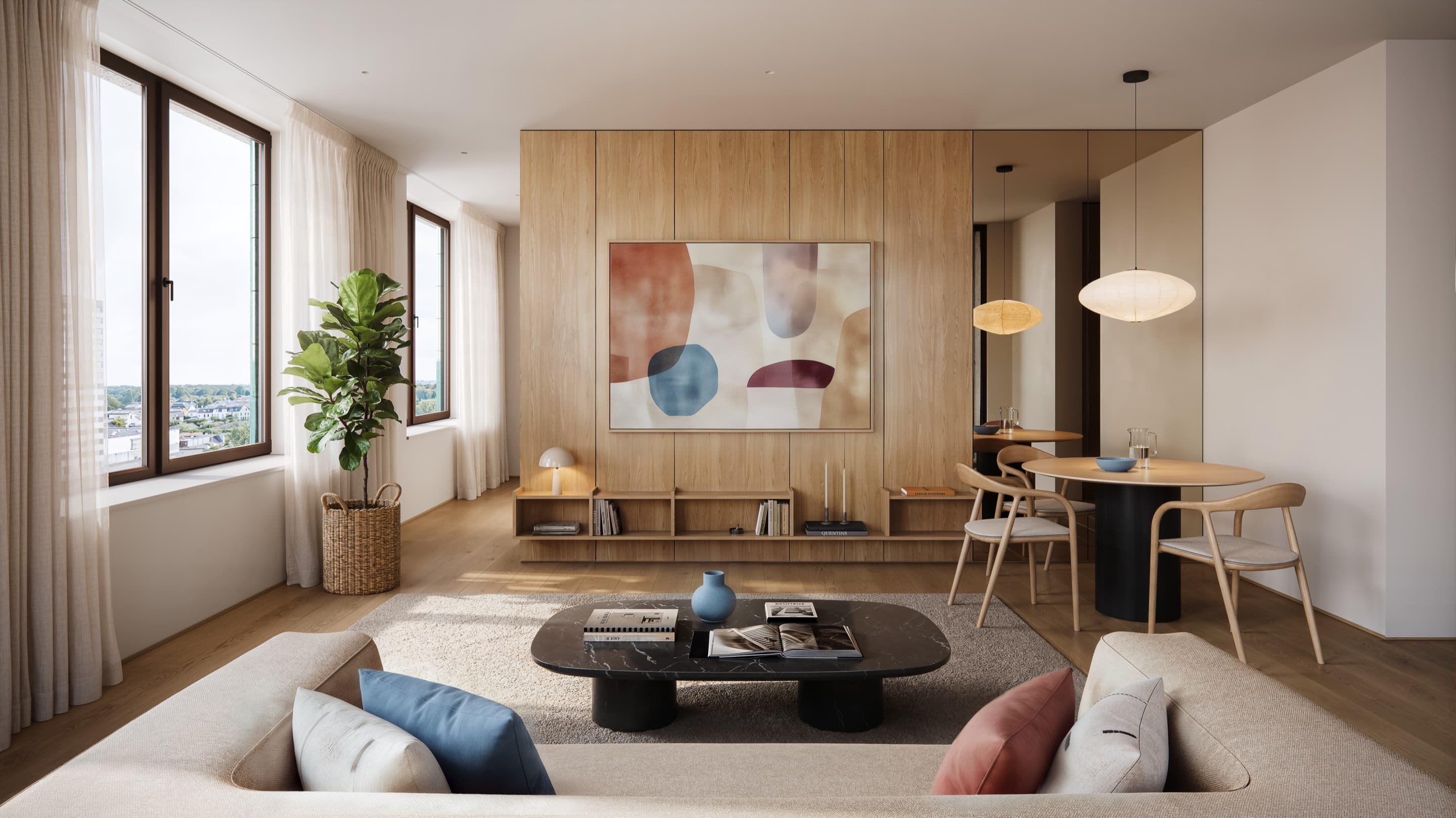 Artist impression van een woonkamer met een eikenhouten wand met een abstract schilderij, beige banken met gekleurde kussens en een ronde eettafel, met ramen die uitkijken over de stad.