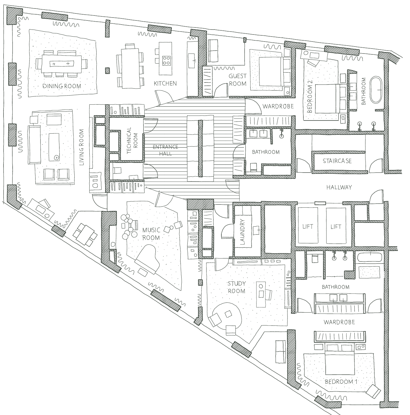 Schets van een penthouse, type T1.27 K: woonkamer, eetkamer, keuken, muziekkamer, studeerkamer, twee slaapkamers en een logeerkamer rond een entreehal